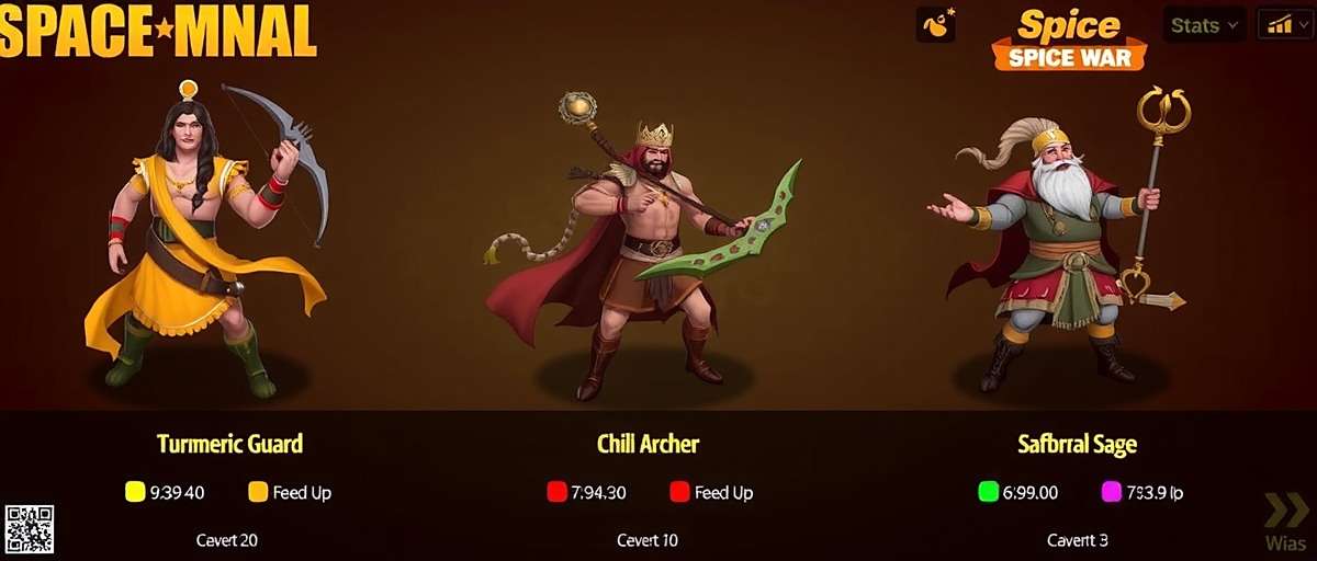 Indian Spice War Character Roster Indian Spice War character roster showing various spice warriors including Turmeric Guard, Chili Archer, and Saffron Sage with their stats and abilities