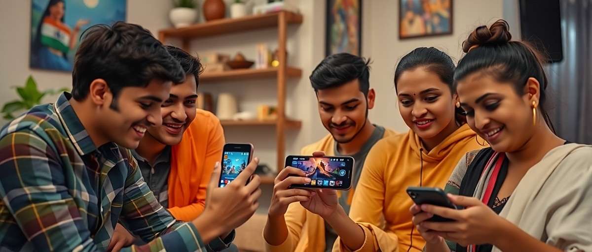 Indian Spice War Multiplayer Gameplay Indian friends gathered playing Indian Spice War together on their mobile devices, discussing strategies
