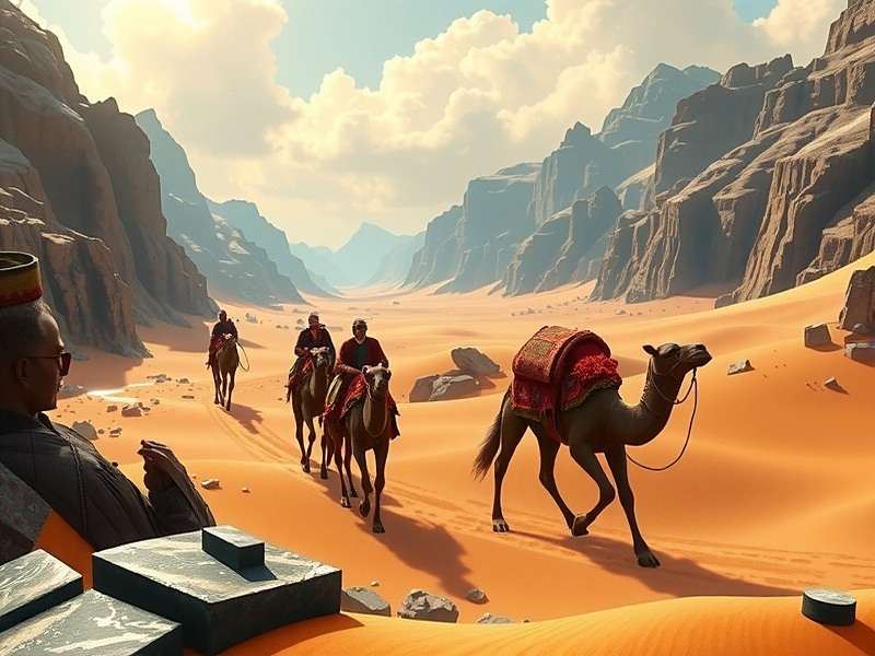 Indian Spice War Spice Route Expansion Indian Spice War Spice Route expansion screenshot showing a trading caravan traveling through mountain passes with various spice-laden camels