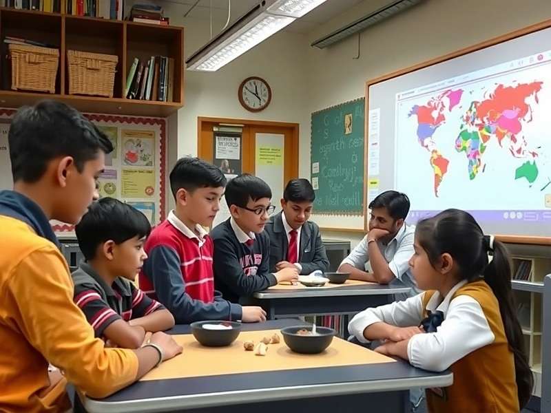 Indian Spice War Educational Use Indian school students learning about spices using Indian Spice War as an educational tool, with a teacher explaining real spices alongside the game